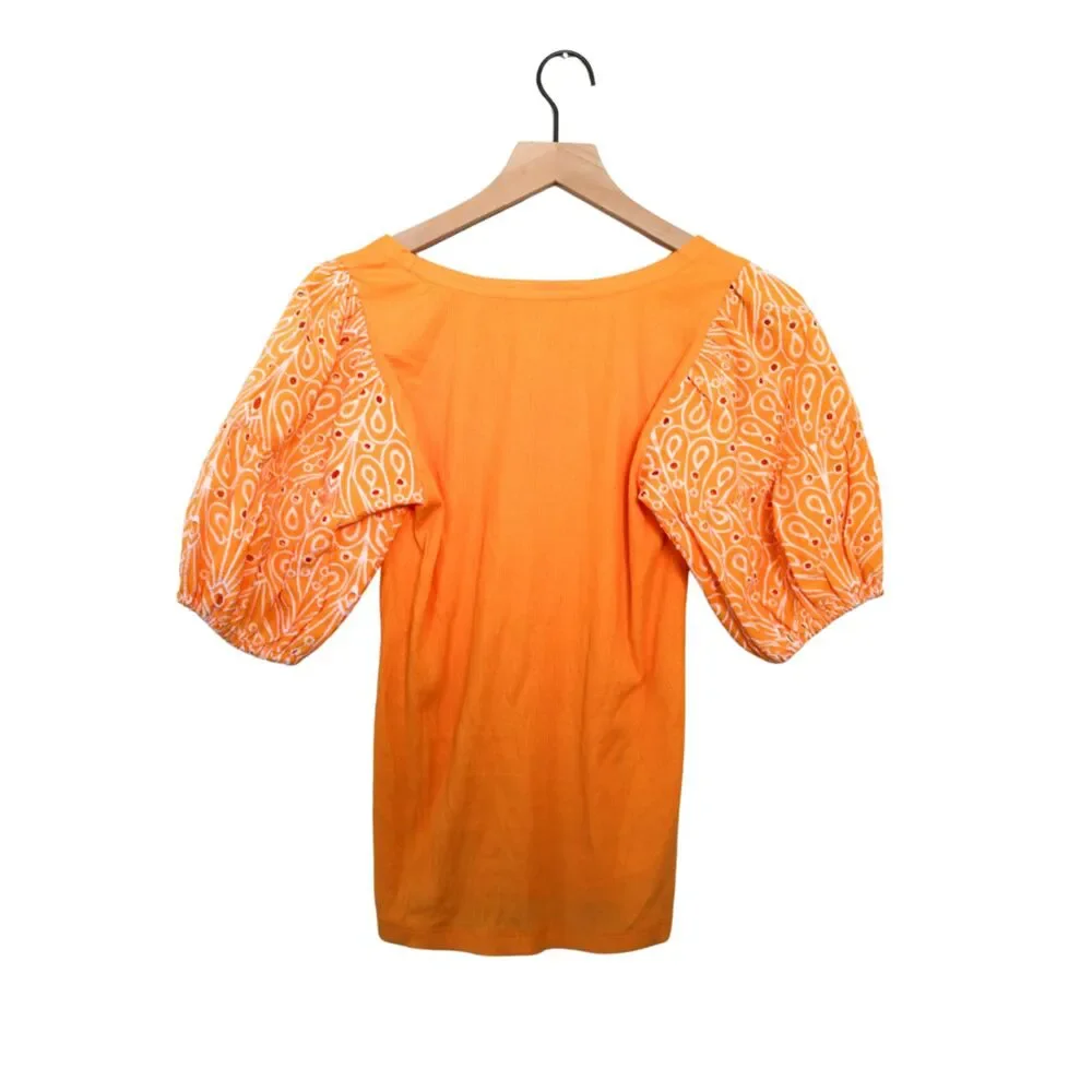 Loft orange ribbed top embroidered puff sleeves small